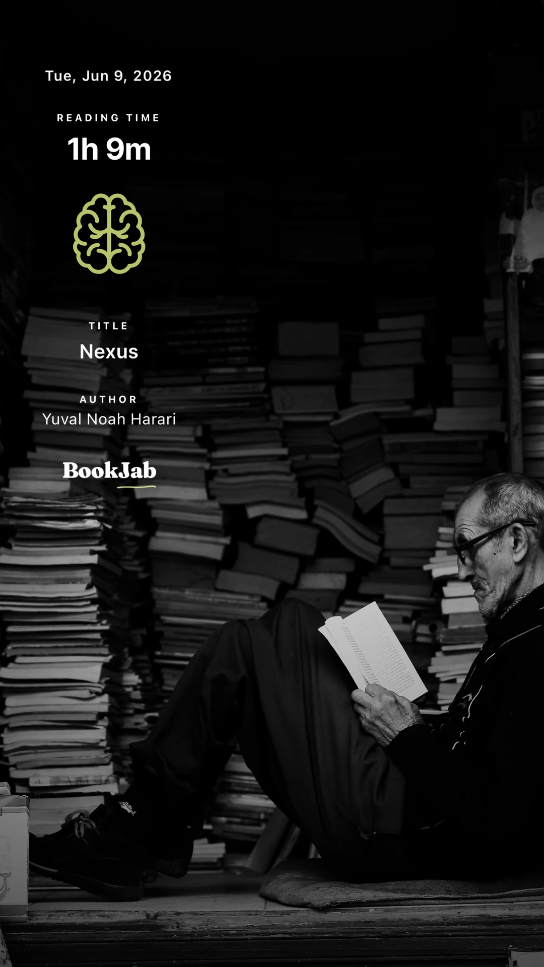 Nexus · 1h 9m — a pile of books, black and white