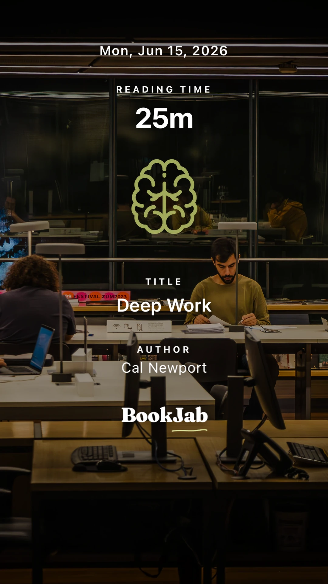 Deep Work · 25m — a library at night